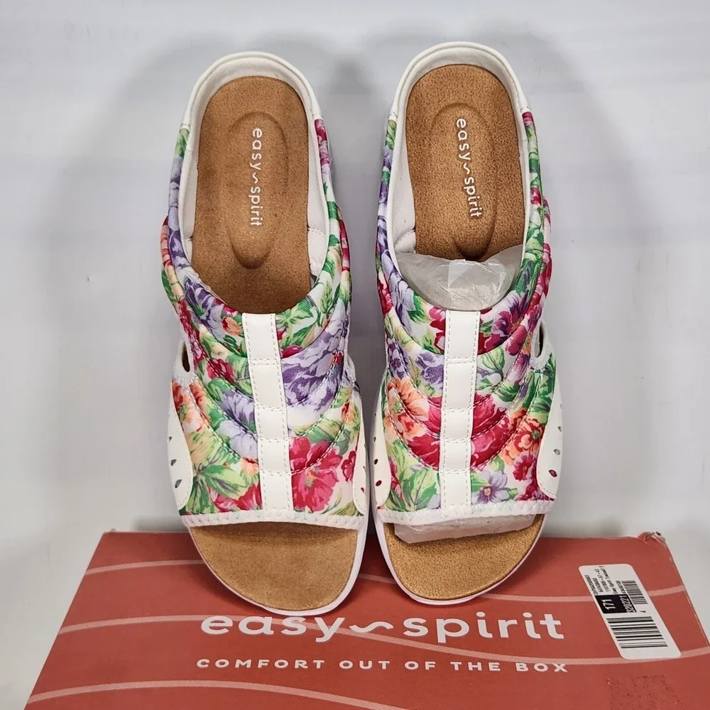 Easy Spirit Traciee Sandal Women Size 7 NARROW White Floral Comfort Slide Shoes